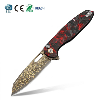 Bronze Damascus Folding Knife VG10 Core Button Lock Carbon Fiber 99g