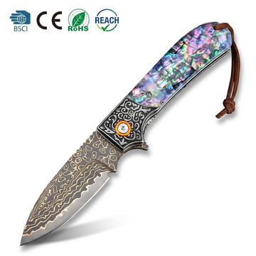 58-59HRC VG10 Bronze Damascus Pocket Knife Mother of Pearl Handle Ball Bearing GT-DM044