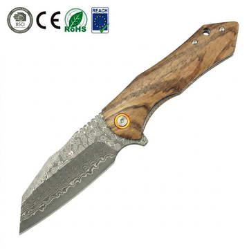 GT-DM020 Damascus Steel Folding Knife Zebra Wood Handle Ball Bearing 59-60HRC Lightweight EDC Pocket Knife With Black Gift Box