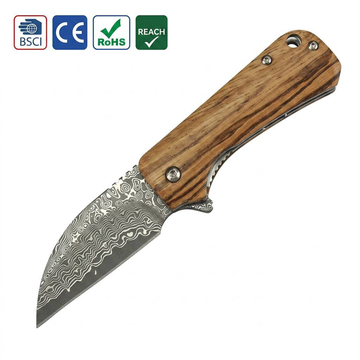 GT-DM022 Compact Damascus Folding Knife 14cm Overall 6.1cm Blade Natural Hardwood Handle Ball Bearing Outdoor Camping Survival Utility Knife