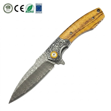 Tunafire GT-DM023 Folding Knife 3.39”Damascus steel Blade Zebra wood Handle  Flipper Knife Outdoor Survival Tool