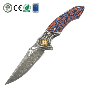 GT-DM024 Pocket Folding Knife Portable EDC Damascus Steel Knife Fiber Board Handle Ball Bearing Flipper Knife
