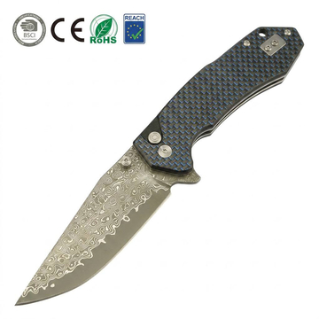 GT-T0034-1 Damascus Steel Button Lock Folding Knife G10 Carbon Fiber Handle 58-59HRC EDC Pocket Utility Knife