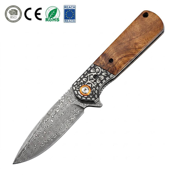 Premium GT-DM050 Damascus Steel EDC Pocket Folding Knife, 7.87 Inch Overall Length, Decorative Steel Pommel Shadow Wood Handle, Collection &amp; Outdoor