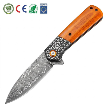 GT-DM050 Folding Knife, 3.31in Effective Cutting Edge Orange Bone Handle, 160g Lightweight Daily Carry Damascus Knife for Camping Hunting Gift