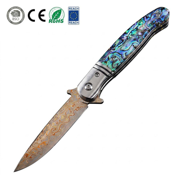 GT0214 EDC Folding Knife, Copper Damascus Blade with VG10 Core, 59~60HRC Hardness, Brass Shell Handle Outdoor Pocket Knife