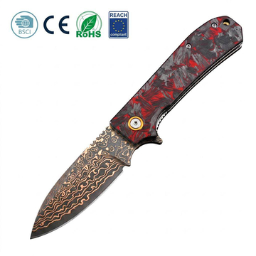 GT-DM044-2 VG10 Copper Damascus Folding Knife Carbon Fiber Handle Ball Bearing EDC Pocket Knife 58-59HRC