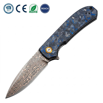 GT-DM044-2 VG10 Copper Damascus Folding Knife Carbon Fiber Handle Ball Bearing EDC Pocket Knife 58-59HRC