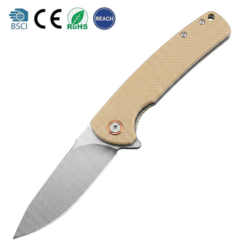 Tunafire Knife GT-T0067 D2 Steel Stone washing Blade Flipper Knife Khaki G10 Handle Ball Bearing EDC Pocket Knife